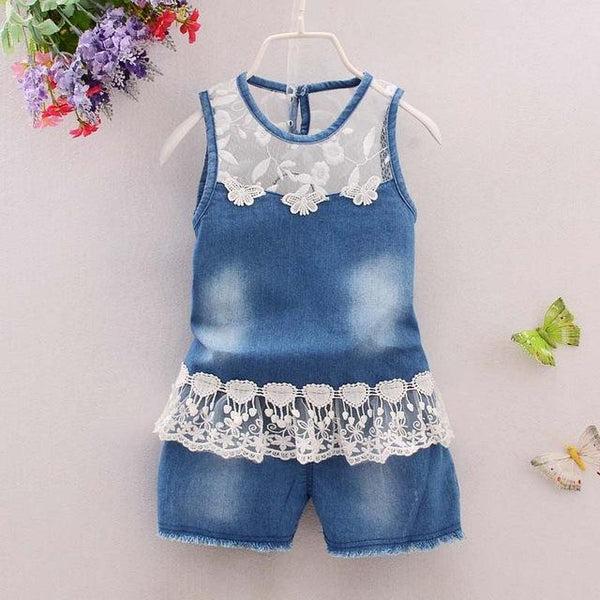 Cutesy Flower Lace Denim Suit